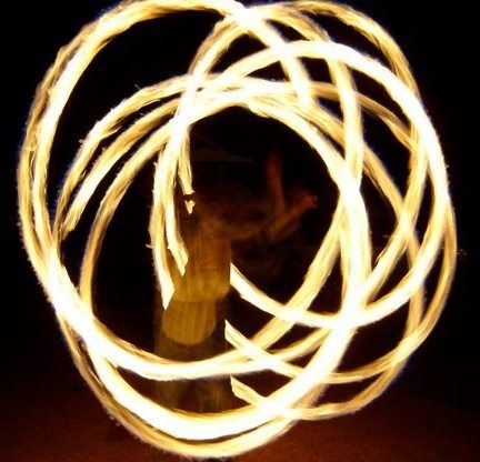 Long exposure of fire poi, the flames drawn out into overlapping loops
